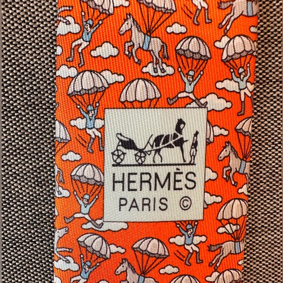NEW Authentic Hermès Orange Paris Silk Tie Jockey Horse Clouds Print - Picture 3 of 12